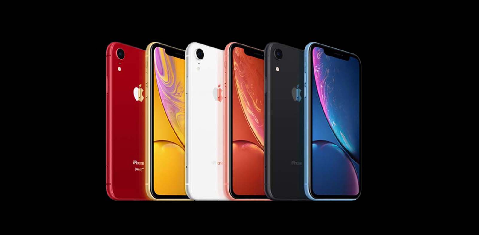 iphone xr in colors red, yellow, white, coral, black, and blue
