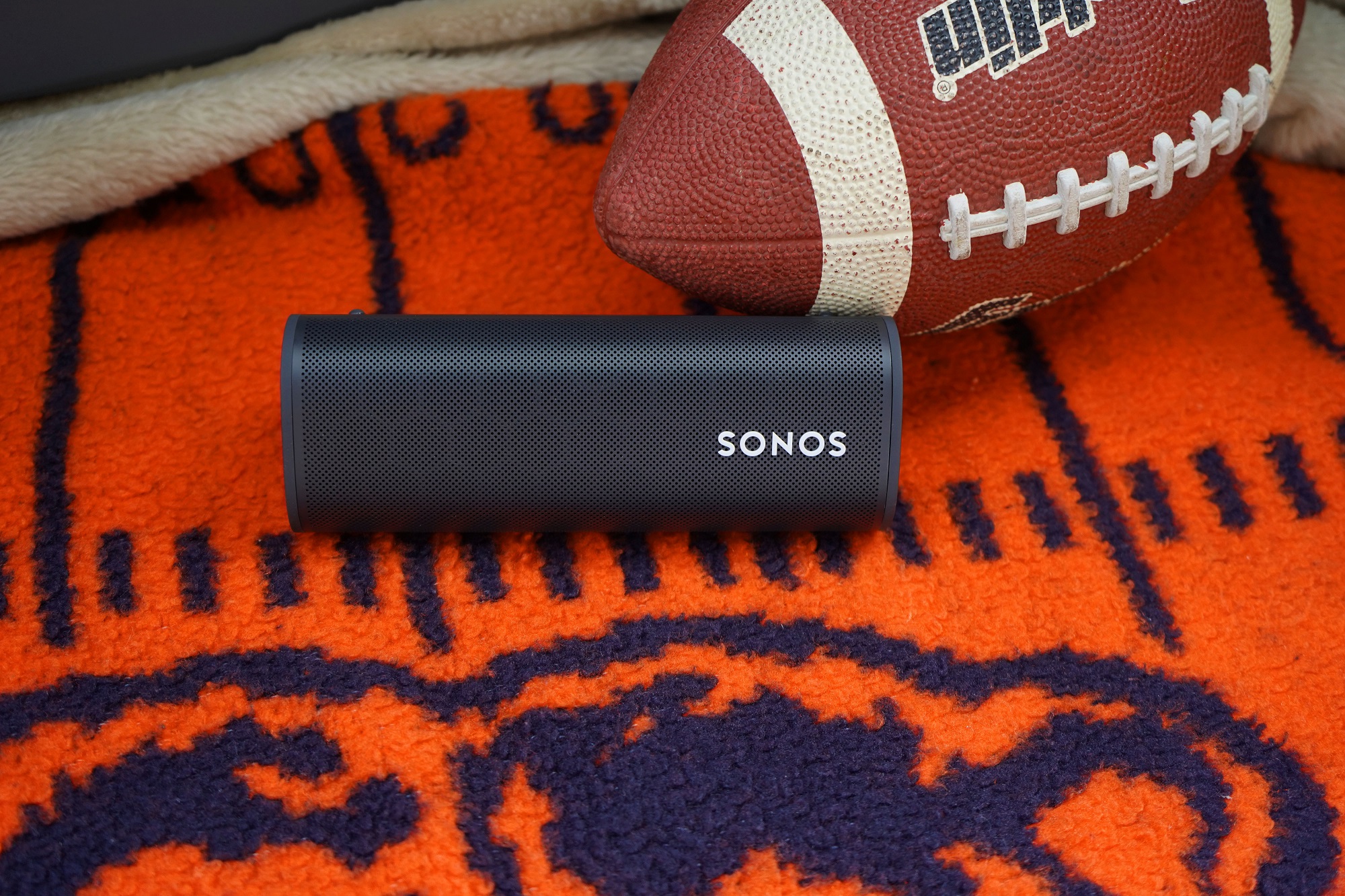 Sonos speaker on a Chicago Bears blanket