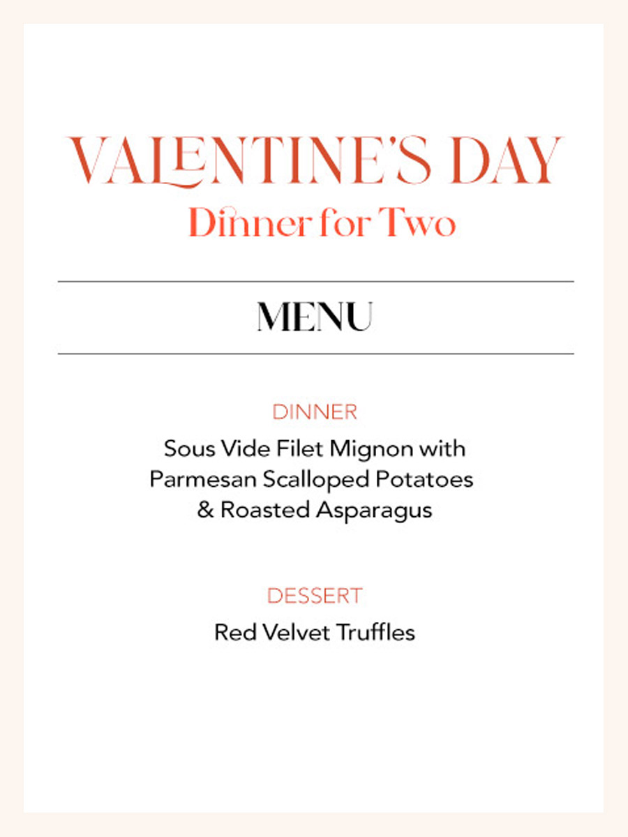 Valentine's Day dinner for two menu