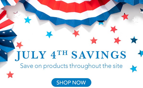 4th of july sale banner with red and blue star-shaped confetti