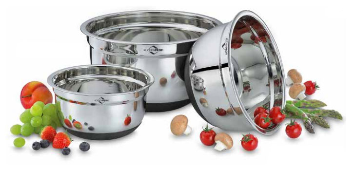 set of 3 stainless steel mixing bowls with fruits and vegetables