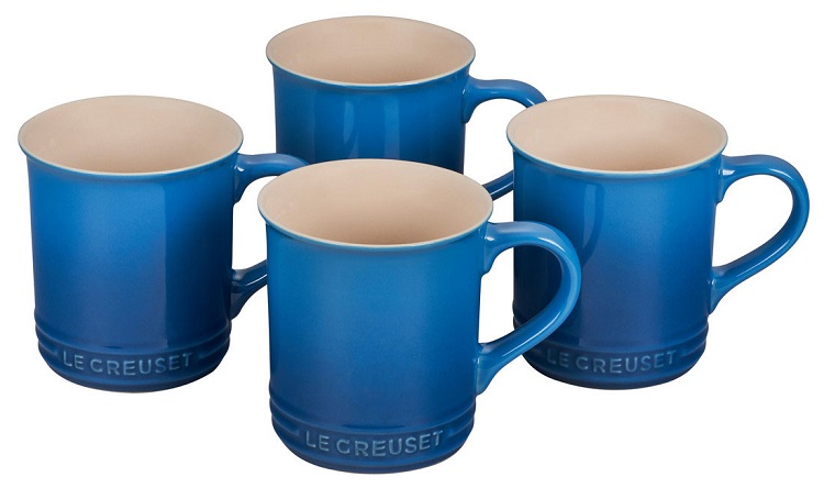 set of four blue le creuset coffee mugs