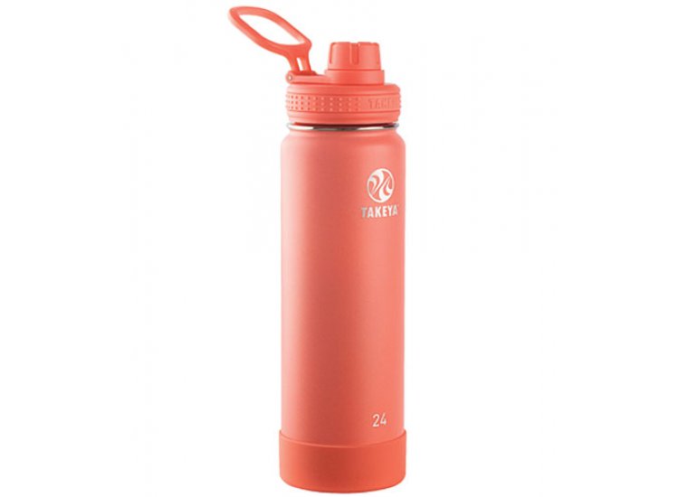 Front angle shot of a coral Takeya actives insulated water bottle