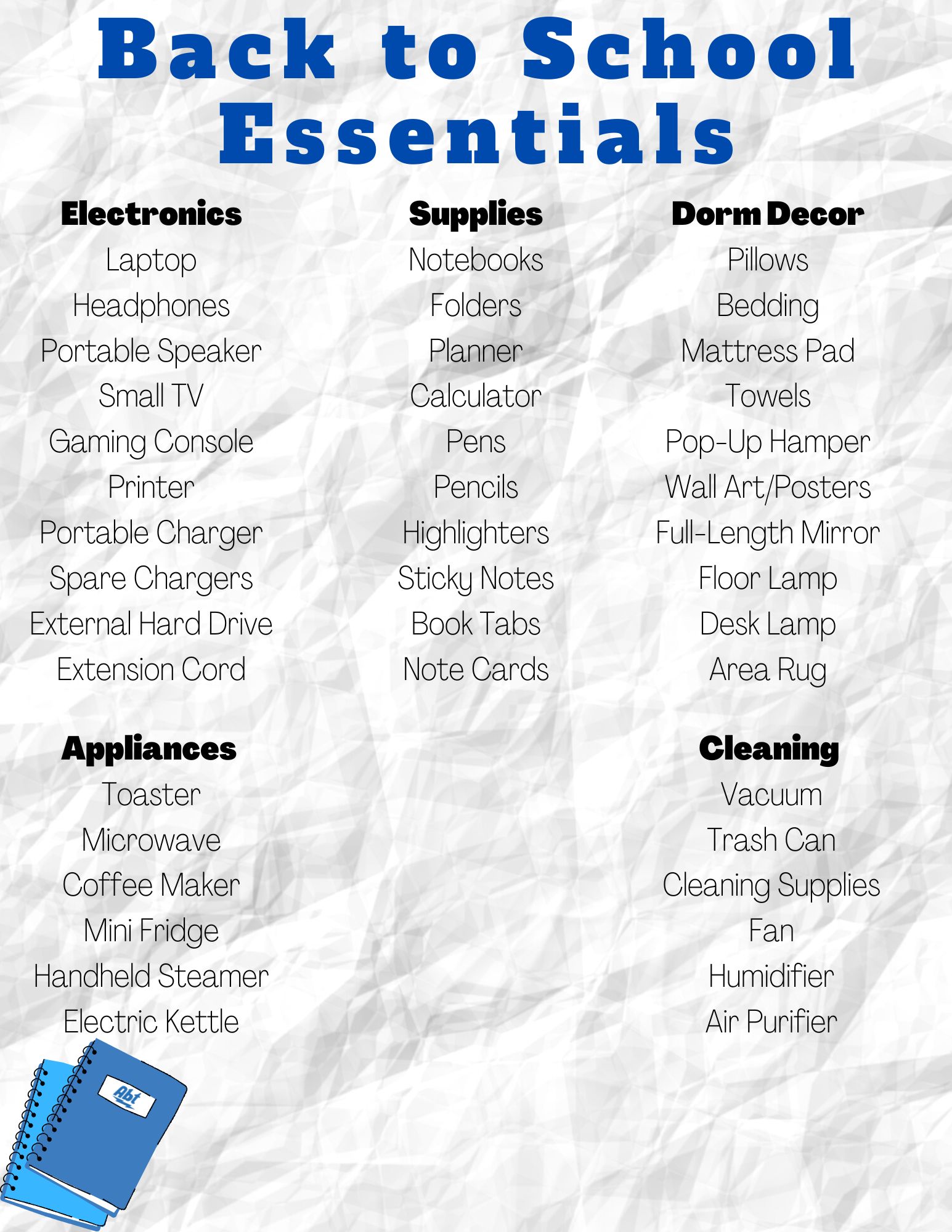 checklist of college essentials including school supplies, electronics and appliances