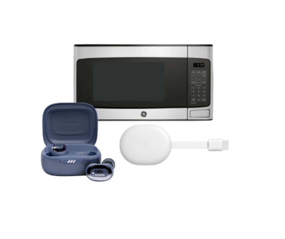 microwave, blue earbuds and white chromecast on white background