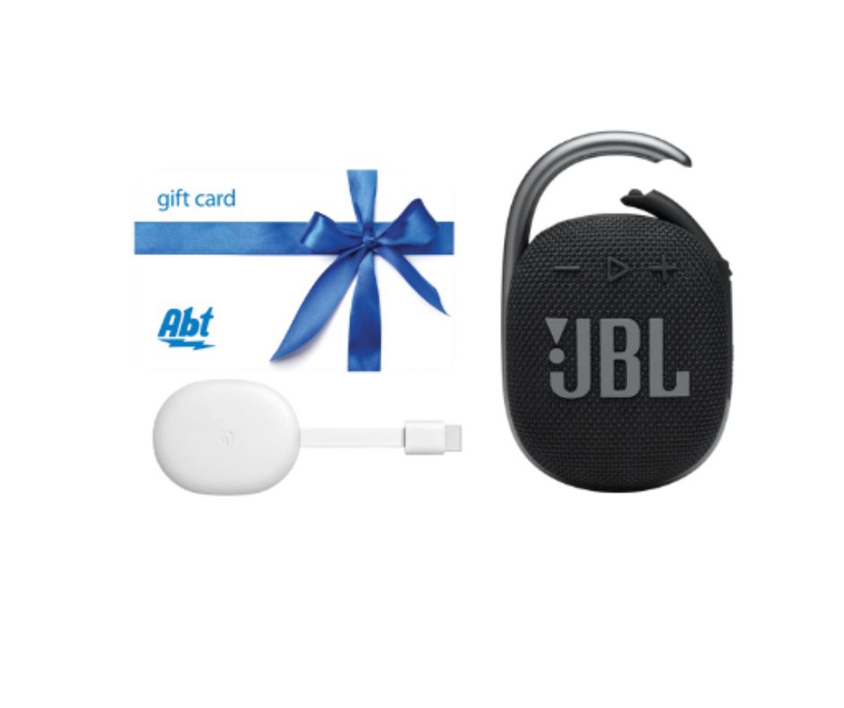 Abt gift card, black jbl clip 4 speaker and white chromecast on white background