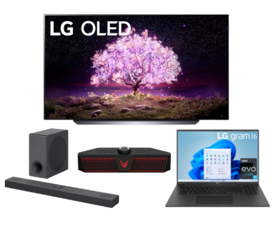 lg OLED tv, lg soundbar, lg gaming speaker and LG silver laptop on white background
