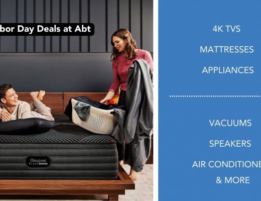 List of on-sale categories beside woman and son with new mattress