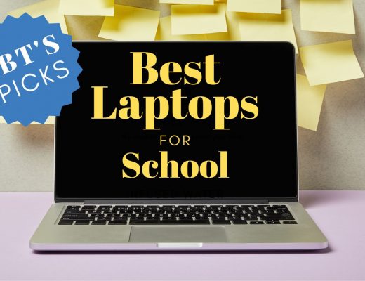 Silver laptop with yellow text on the screen that reads "best laptops for school"