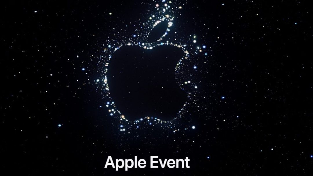 black starry night sky with the apple logo. white text below reads "apple event"