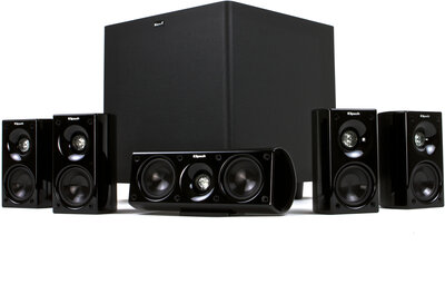 Klipsch 600 system: five speakers in front of a large subwoofer