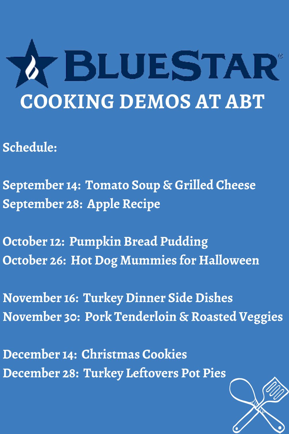 BlueStar logo on a blue background. White text below reads "cooking demos at Abt."