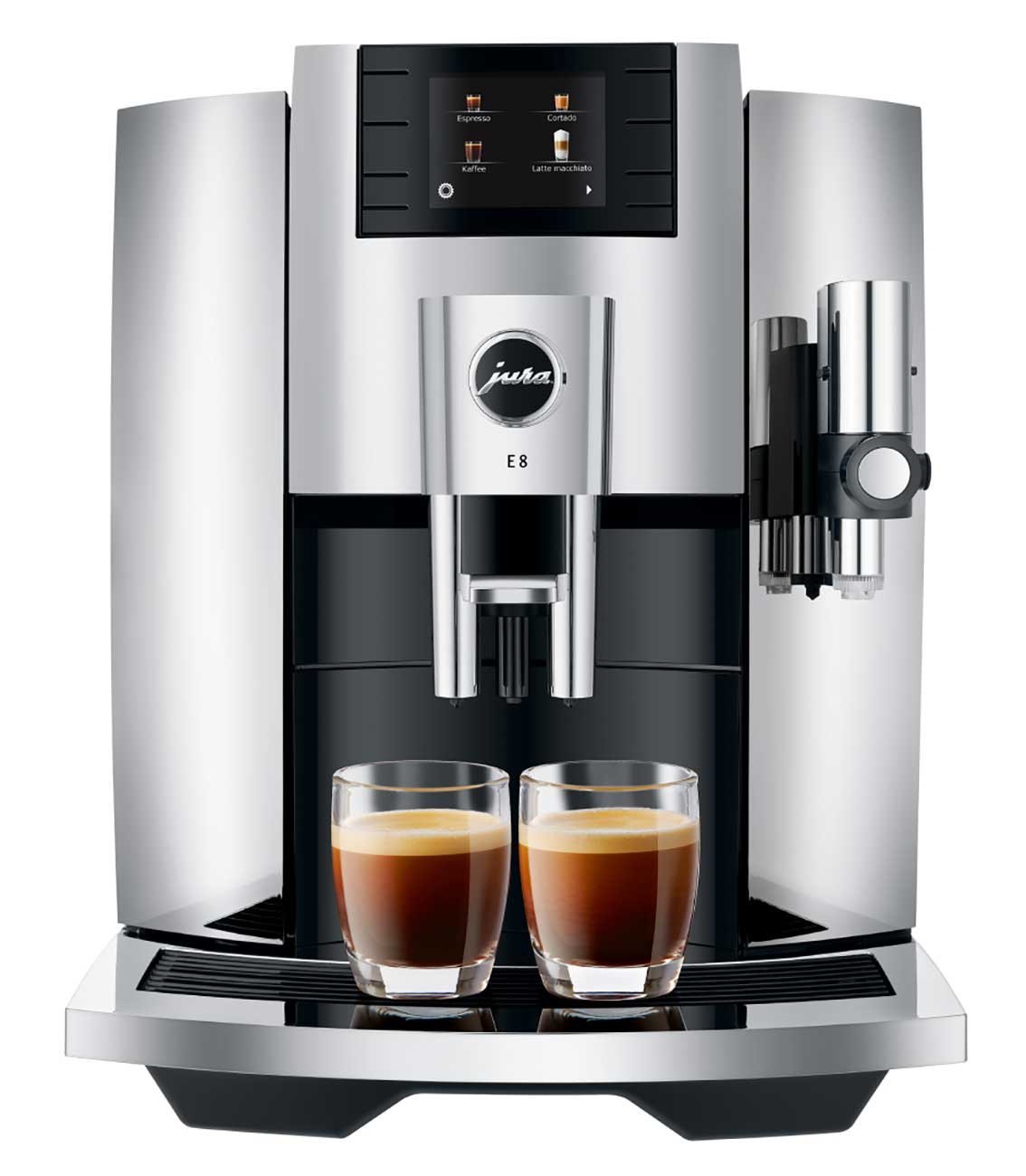 chrome finish Jura E8 espresso machine with two cups of espresso on the drip tray