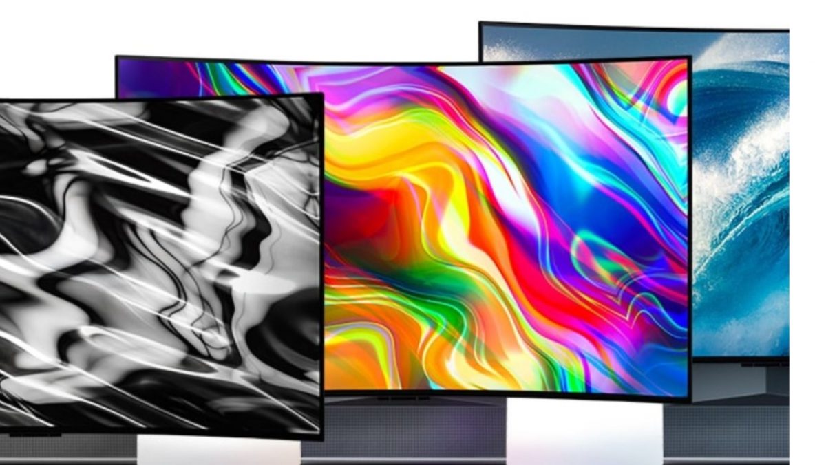 three LG OLED Flex monitors going through different curved states