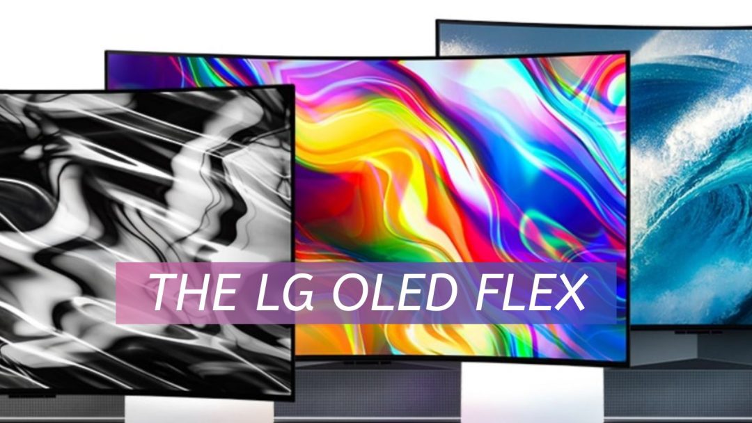 3 LG Flex Monitors in different curved positions with colorful images