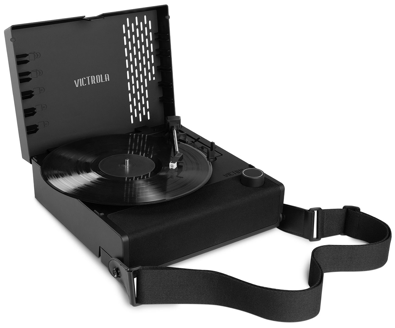 Black record player with guitar strap attached 