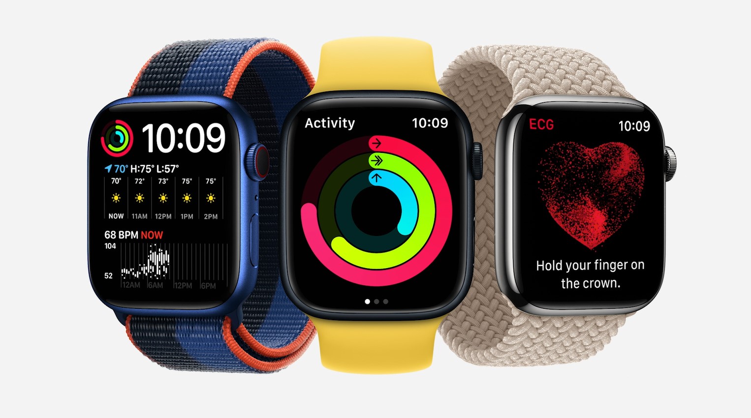 three Apple Watches. The watch on the left side has a blue, black and orange band. The watch in the middle has a yellow rubber band. The watch on the right features a beige woven band.