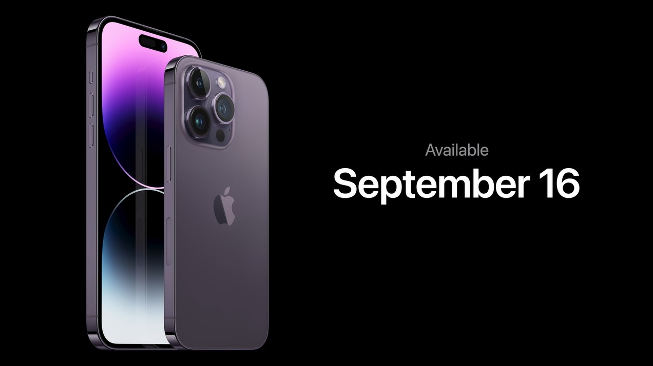 Purple iphone 14 pro and iphone 14 pro max on a black background. Text to the right of the phones reads "Available September 16"