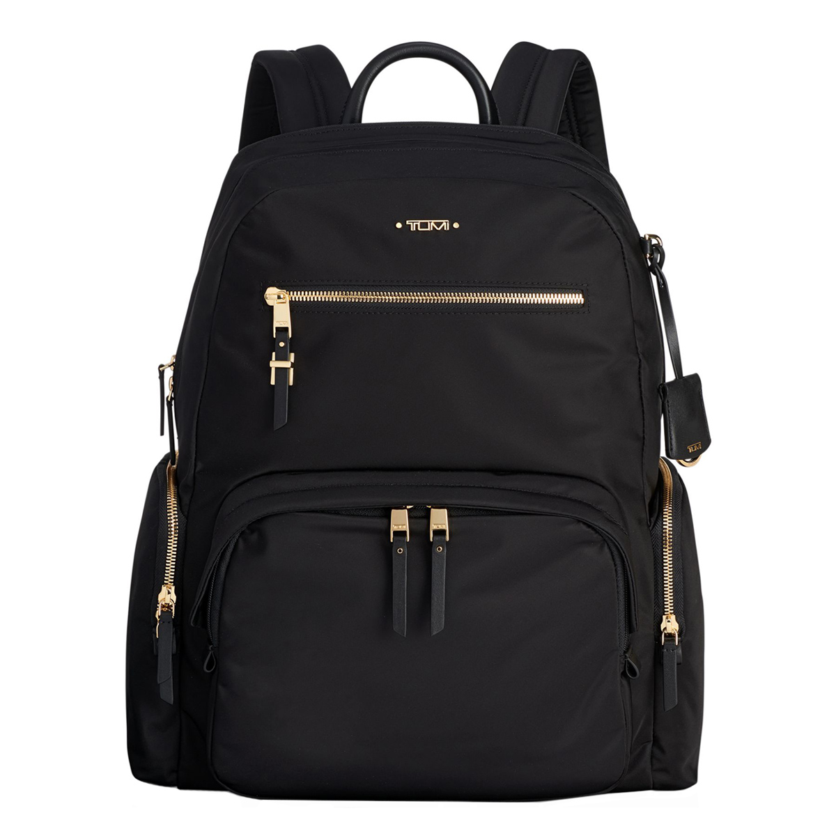 Black backpack with gold zippers