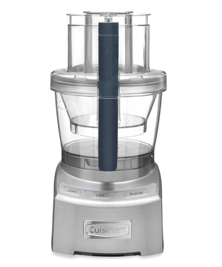 The front of a silver Cuisinart food processor with clear 12-cup bowl