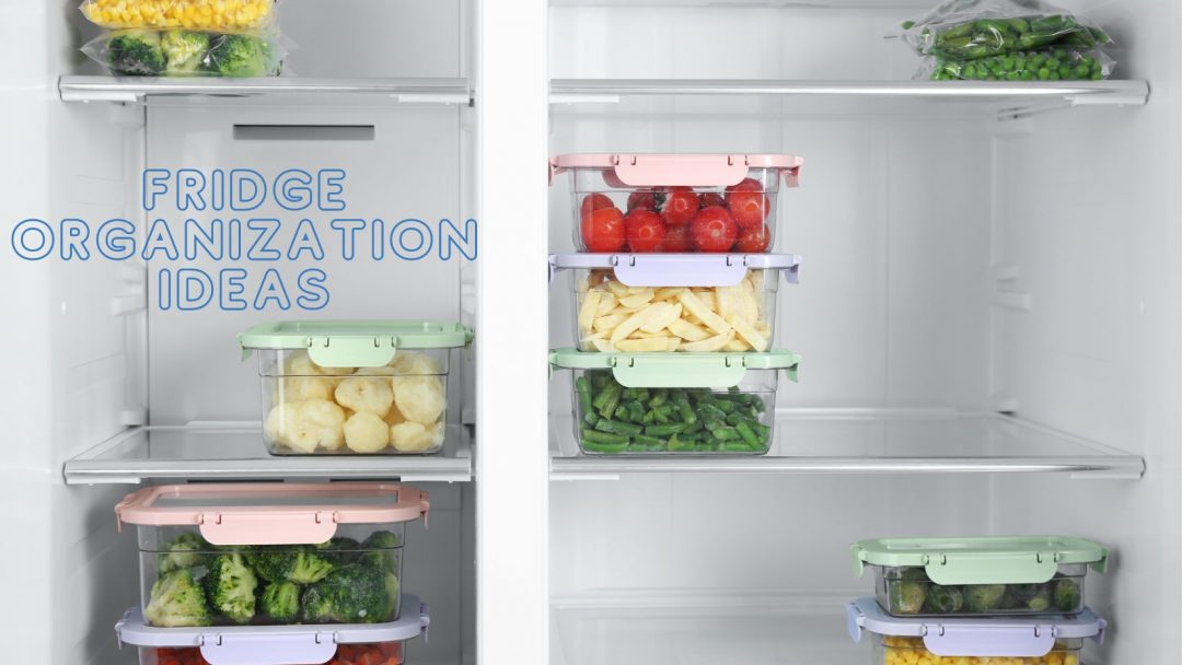 White interior of a fridge and freezer with three shelves. Blue transparent text reads "fridge organization ideas."