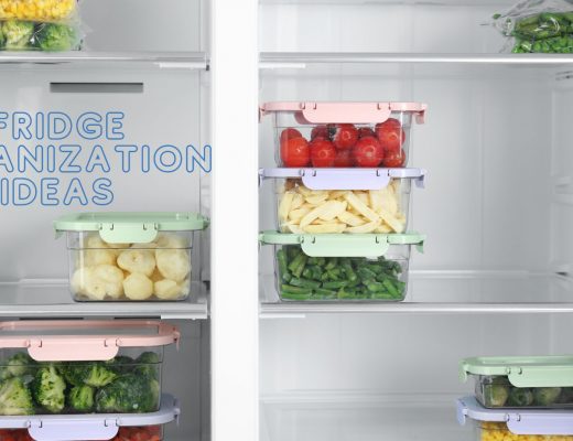 White interior of a fridge and freezer with three shelves. Blue transparent text reads "fridge organization ideas."