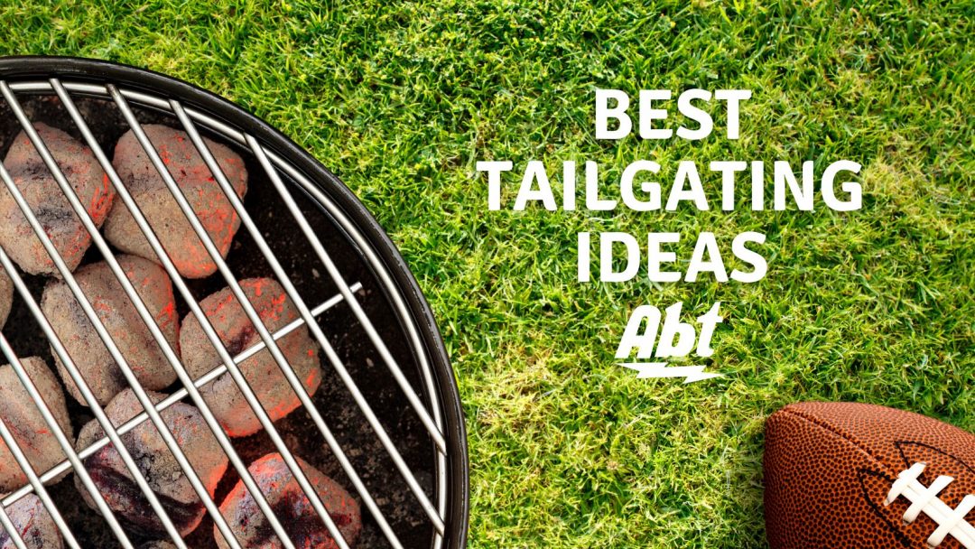 grassy backdrop with a charcoal grill on the left side and a football on the right side. white text reads "best tailgating ideas"