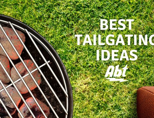 grassy backdrop with a charcoal grill on the left side and a football on the right side. white text reads "best tailgating ideas"
