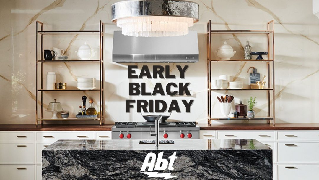 cream marble kitchen with the words "early black friday" in black text above the stove