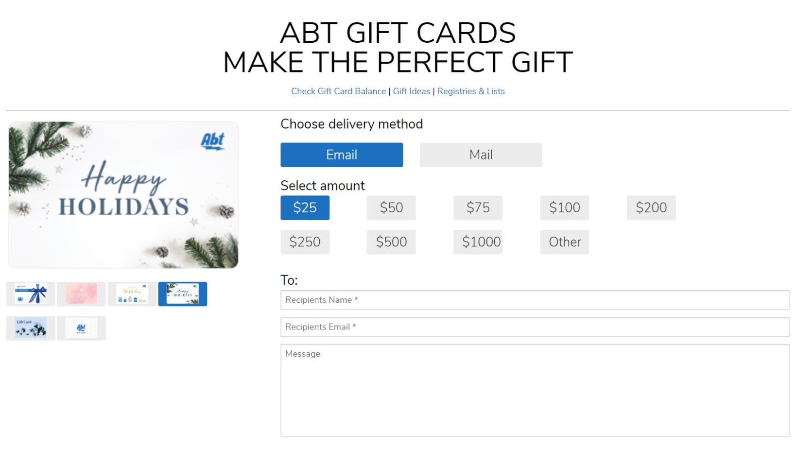 screenshot of Abt gift card page 
