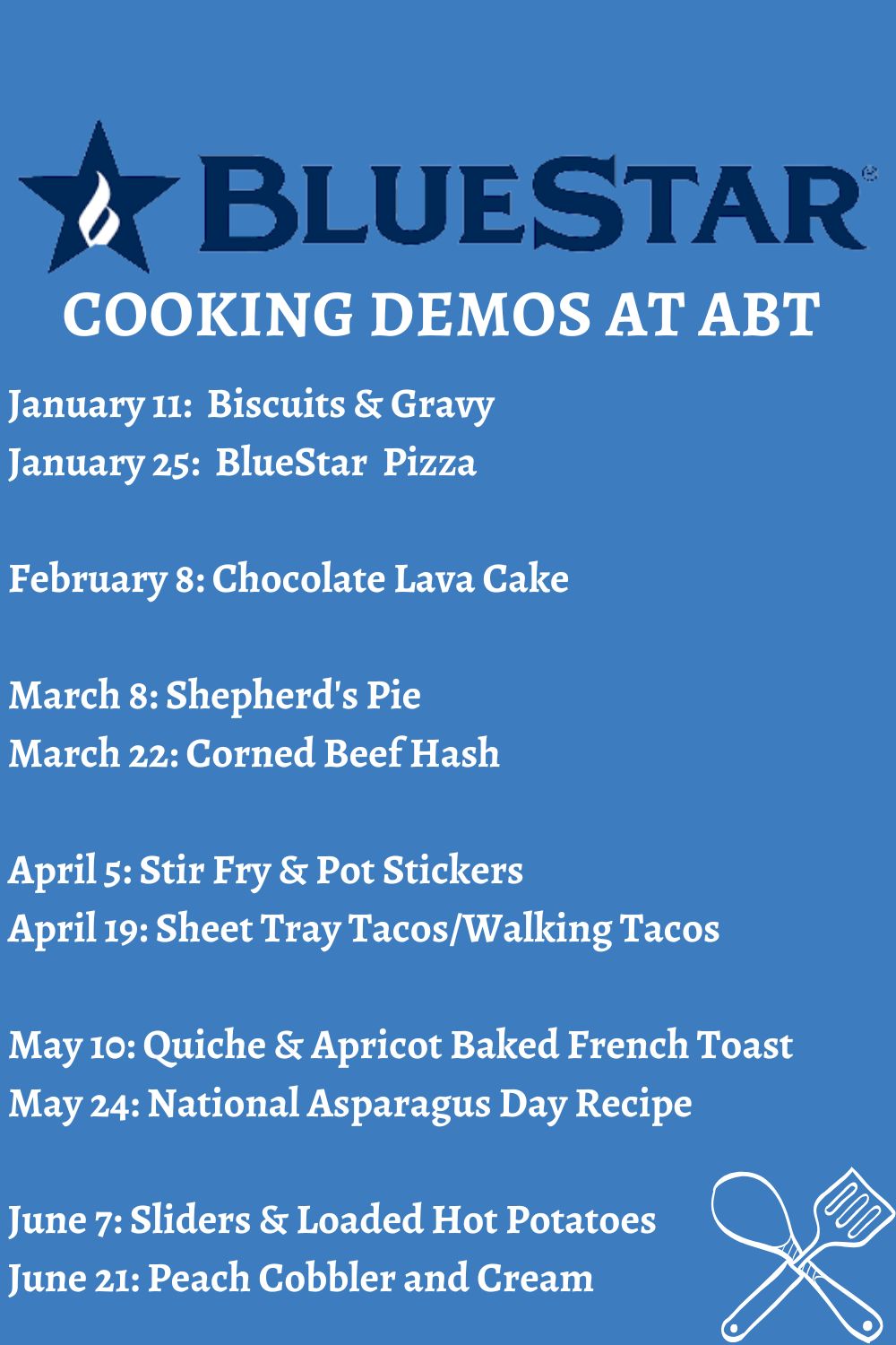 schedule of BlueStar cooking demos from January to June 2023