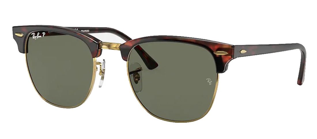 45-degree angle view of ray-ban clubmaster sunglasses with tortoise frames and green lenses