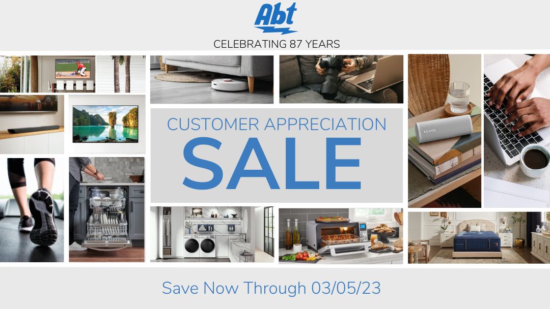 Banner showcasing the Customer Appreciation Sale products like laptops, mattresses, treadmills. Now through March 5
