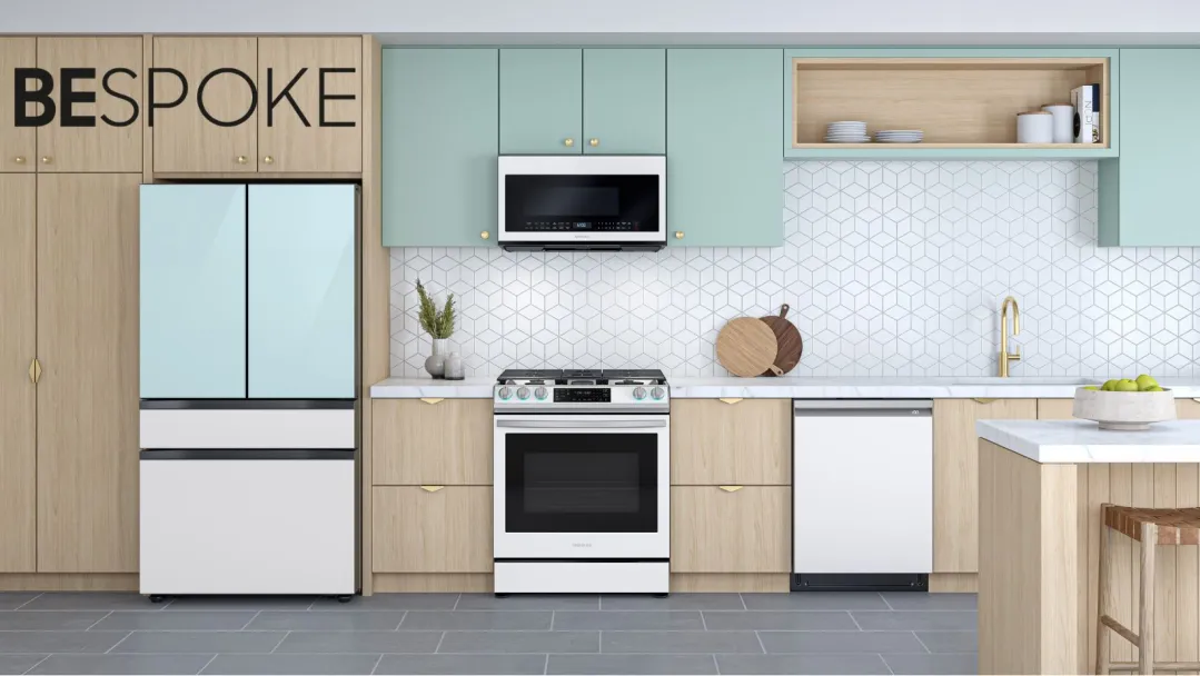 kitchen with blue and white Samsung Bespoke fridge and white Samsung Bespoke range, microwave and dishwasher