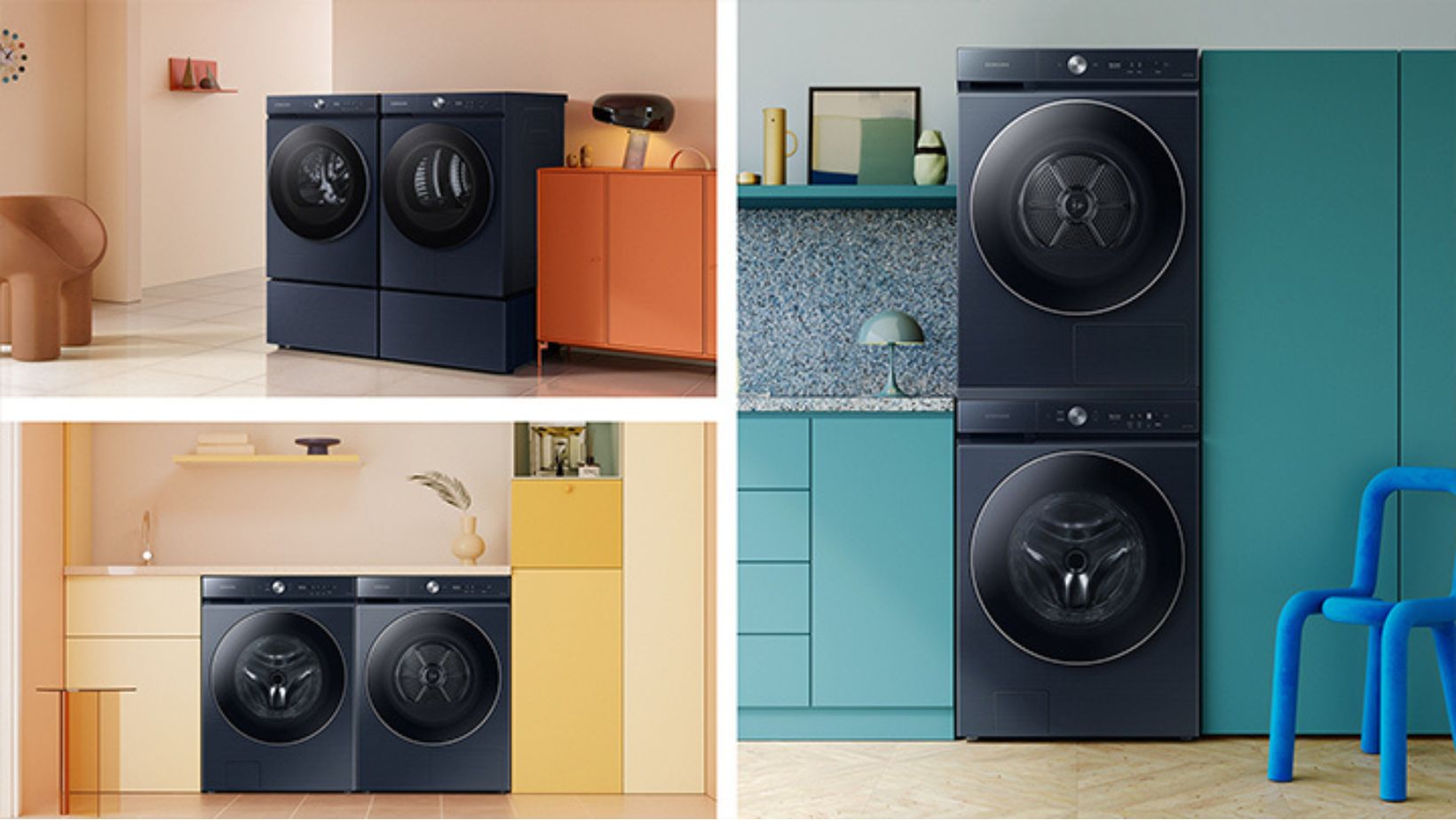 three separate images of Samsung Bespoke washer and dryer in different rooms