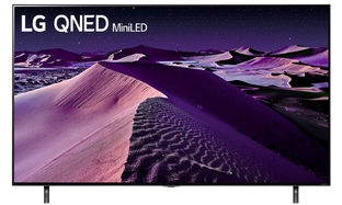 Front view of LG QNED MiniLED TV with desert scene onscreen