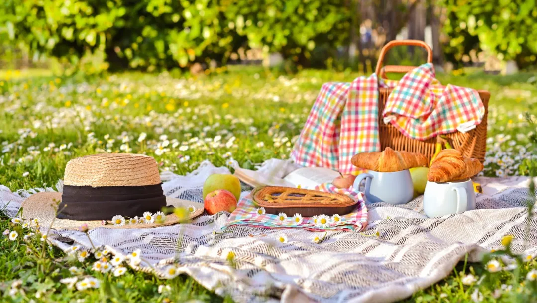 A blanket laid on green grass covered in tiny flowers. On the blanket is a picnic basket, mugs, croissants, fruit, pie and a sun hat.