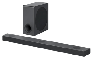 Angle view of LG soundbar with subwoofer