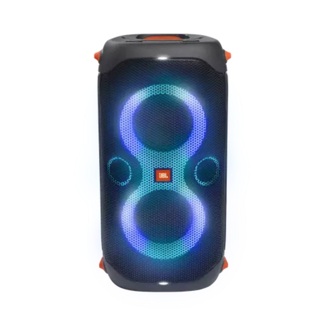 front view of JBL partybox 110 speaker with blue lights