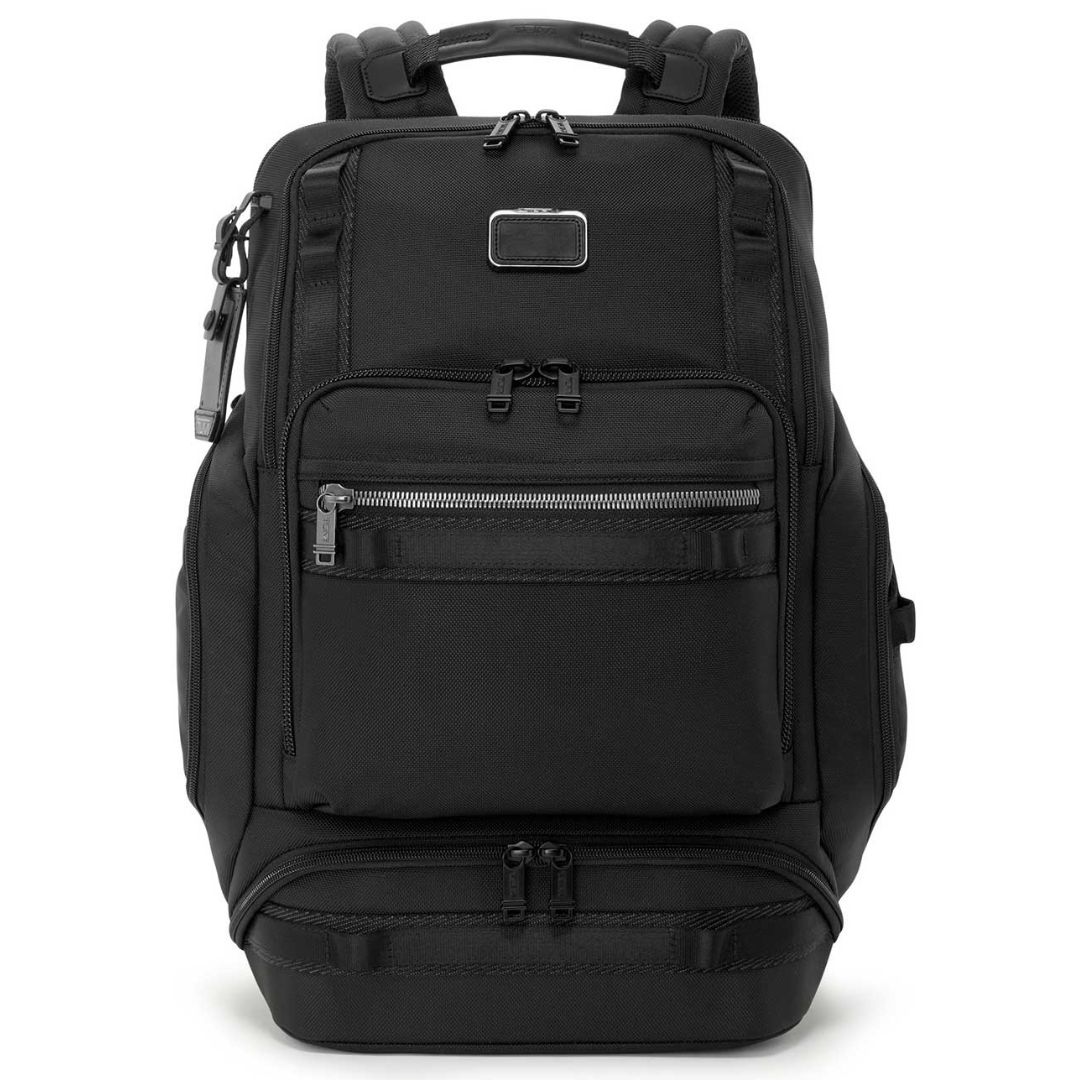 Front view of black TUMI renegade backpack