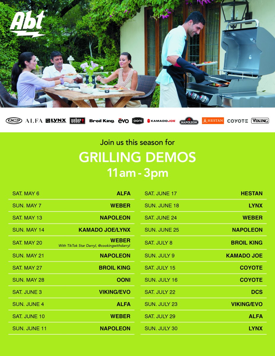 Abt's 2023 Grill Demo flyer, featuring a group of people grilling outside, the grill brands we work with, and the dates of our new grill summer demos.