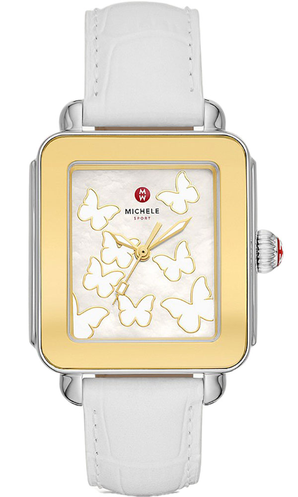 front view of white Michele deco sport watch butterfly