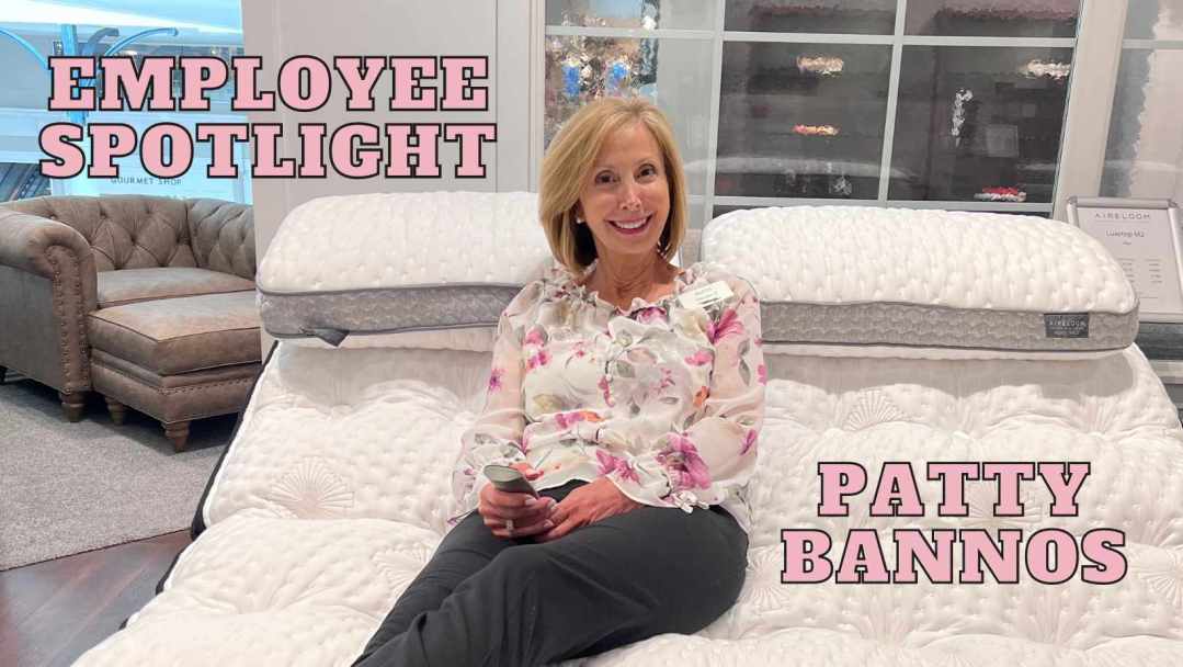 Patty Bannos sits in an Aireloom bed smiling at the camera. Text reads "Employee Spotlight, Patty Bannos".