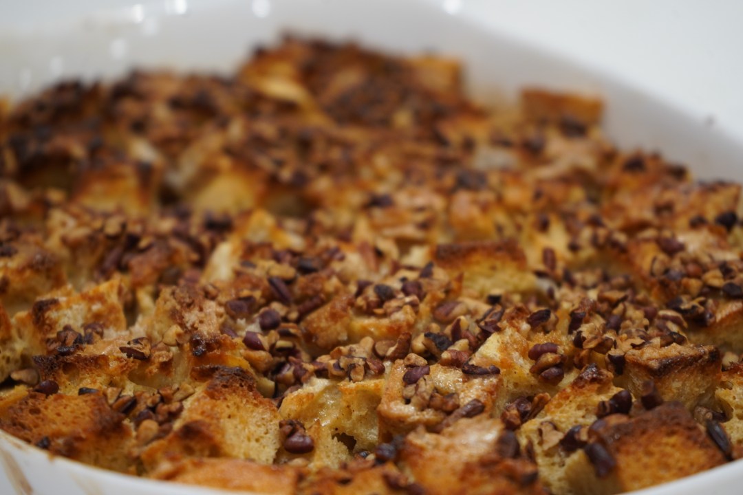 Close Up of Bourbon Pecan French Toast Casserole in a dish