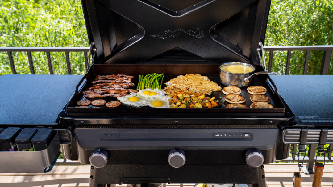 Close-up of the Traeger Flatrock Griddle with food cooking.