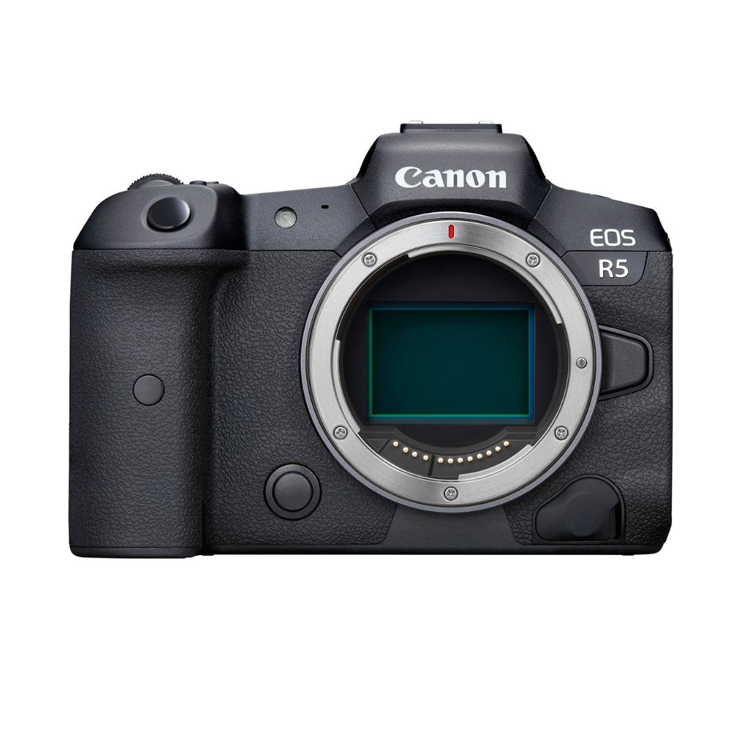 A black professional camera for portraits, the Canon EOS R5 Mirrorless Camera Body
