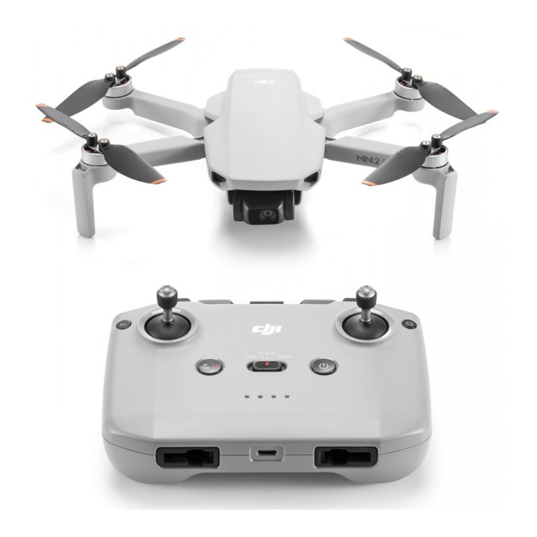 A grey drone toy with a built-in camera, four propellers and a hand controller.