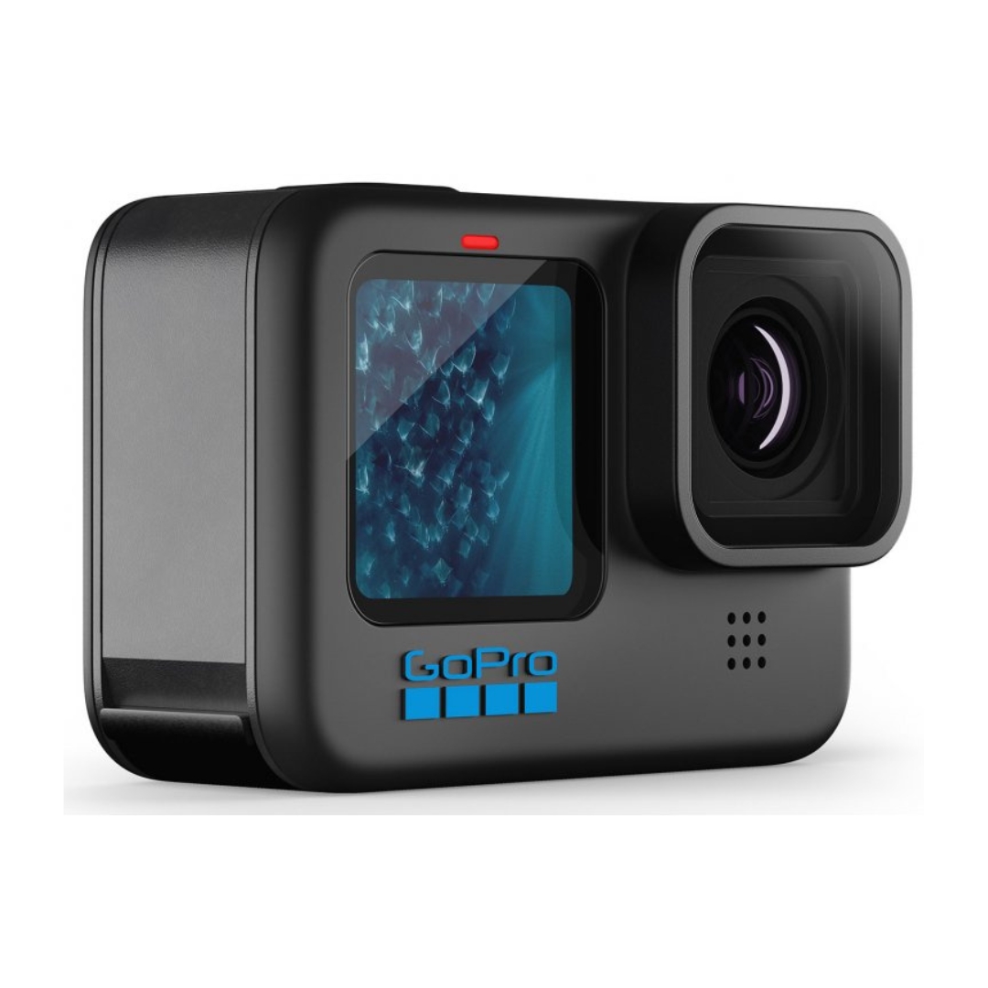 Mini black action camera with lens and small viewfinder screen