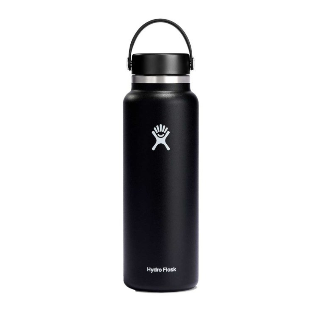 Black stainless steel reusable water bottle with a handle for carrying