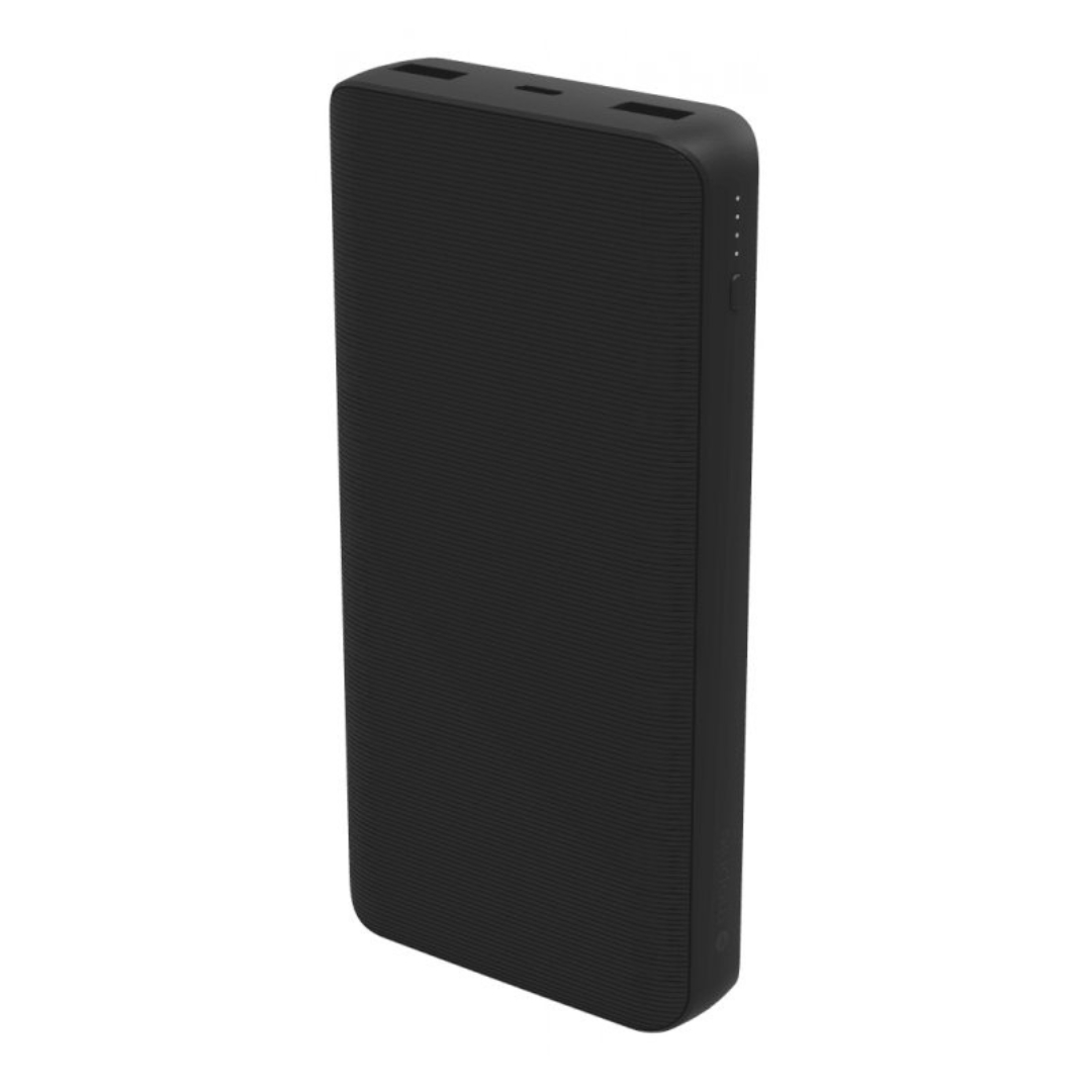 Black portable charging block with input ports for cords and cables
